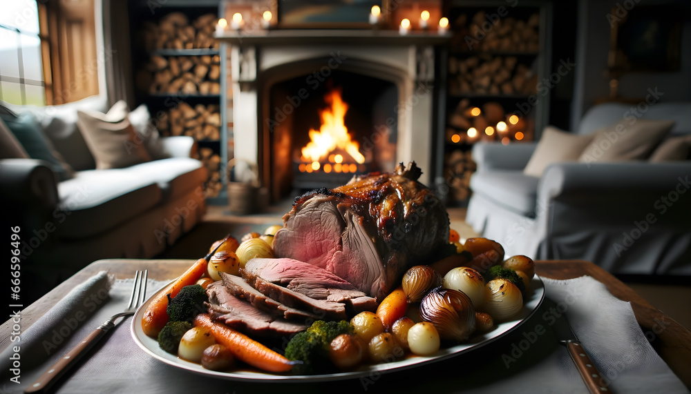 Lamb roast with roasted veggies, with a fireplace backdrop Lamb roast with roasted veggies, with a fireplace backdrop