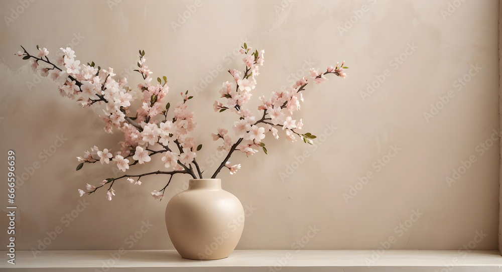 wooden table with pink flower branch in vase with beige wall background, space for text
wooden table with pink flower branch in vase with beige wall background, space for text