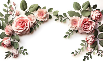 FLower frame with fresh branches of pion-shaped roses and eucalyptus leaves , generative ai