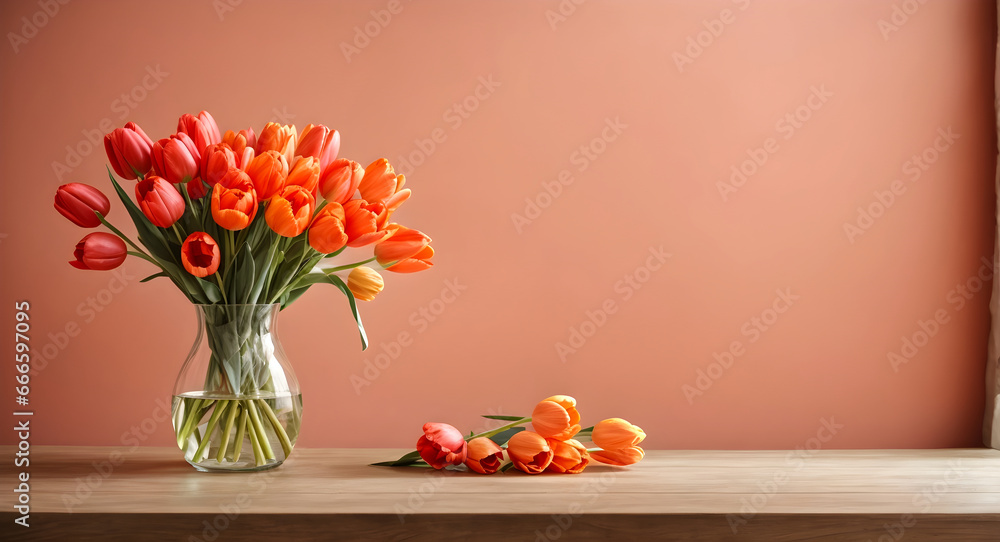 custom made wallpaper toronto digitaltulips flowers in glass vase with beige wall background, space for text