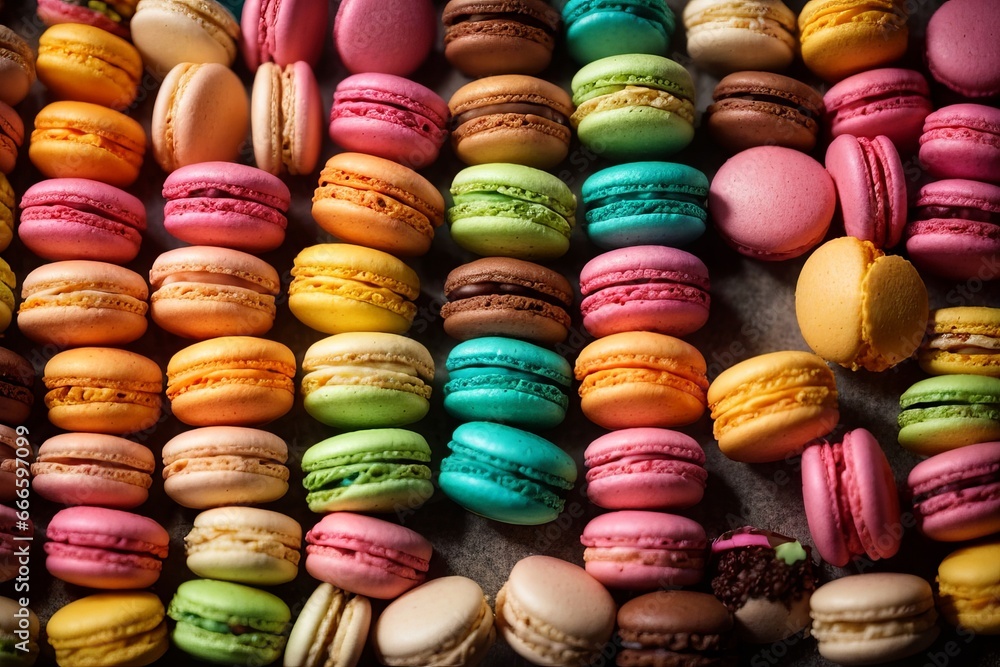 Top view lots of delicious Multicolored macaroons with fillings on the table Top view lots of delicious Multicolored macaroons with fillings on the table