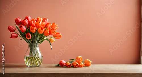 Wallpaper Mural tulips flowers in glass vase with beige wall background, space for text Torontodigital.ca