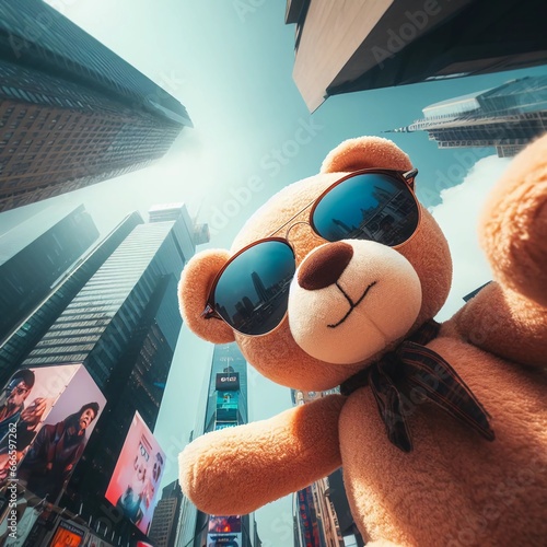 A wide shot of a teddy bear in sunglasses looking up at the tall buildings in Times Square,photorealistic photo