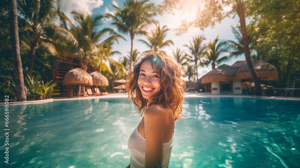 smiling Asian woman in large pool with palm trees, happiness and contentment, relaxing and tropical atmosphere smiling Asian woman in large pool with palm trees, happiness and contentment, relaxing and tropical atmosphere
