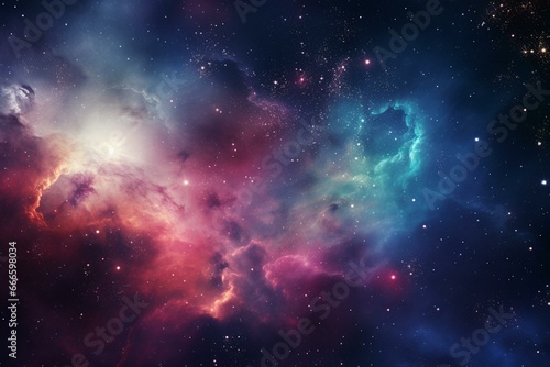 Vivid space vista with vibrant nebula, Milky Way, and stars; rendered in 3D. Generative AI