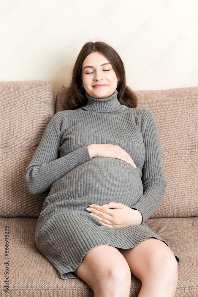 Pregnancy woman in beautiful dress sitting on the home