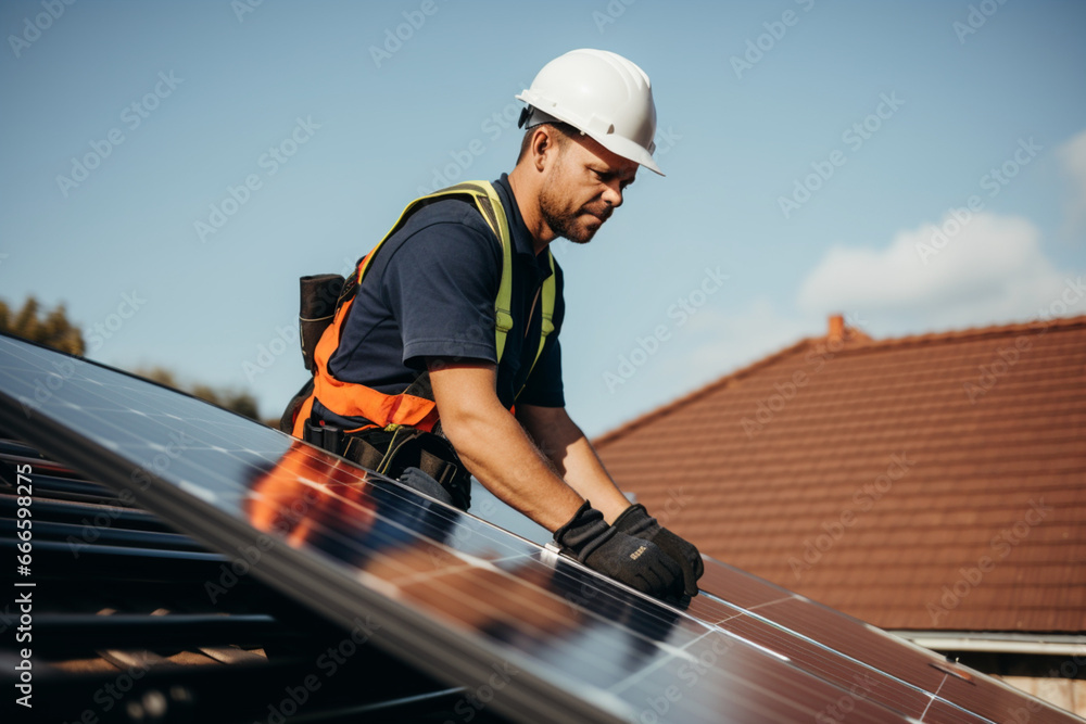 Team of two engineers installing solar panels on roof Team of two engineers installing solar panels on roof
