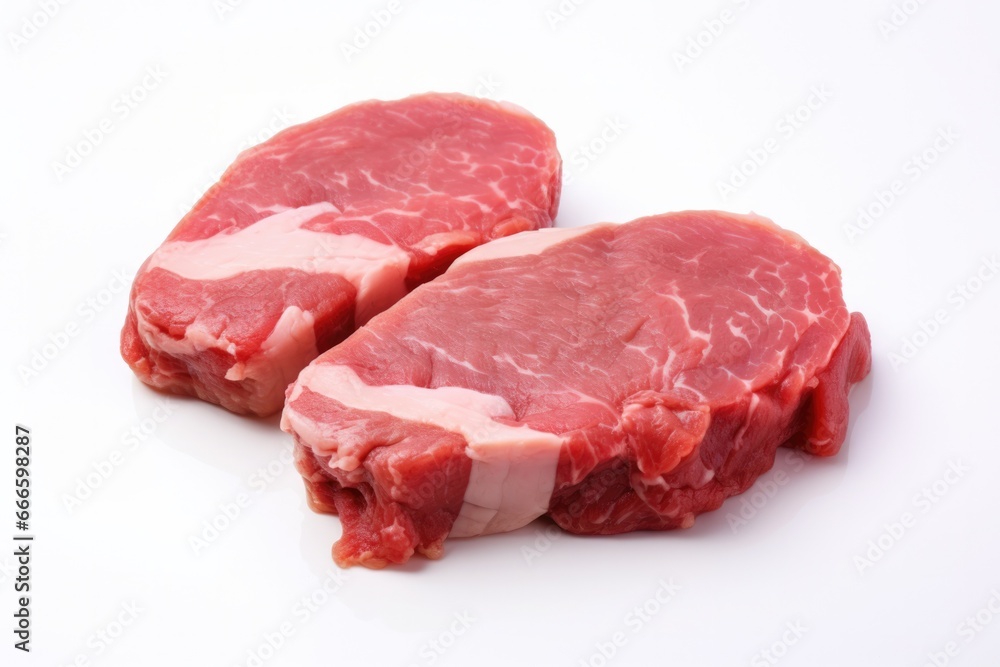 Transglutaminase (meat glue) in action bonding two meat pieces isolated on a white background 