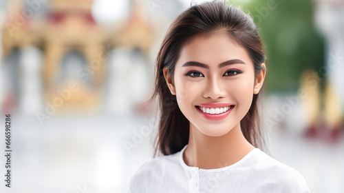 Smiling Asian woman in front of temple with gold roof, exuding happiness and positivity.