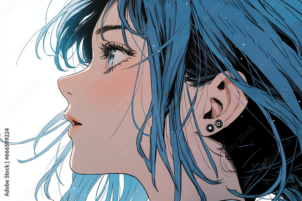 Fototapeta premium beautiful anime girl with blue hair looks up