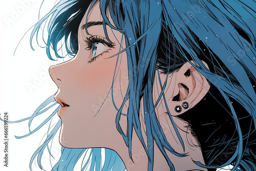 beautiful anime girl with blue hair looks up