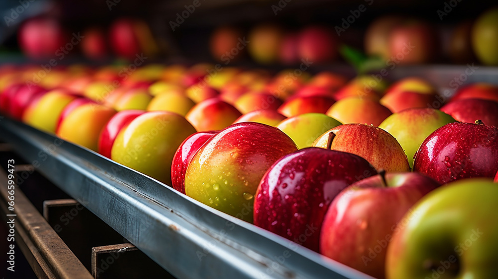 Assorted ripe apples traveling on a conveyor belt, showcasing the vibrant colors and freshness of the fruit. 