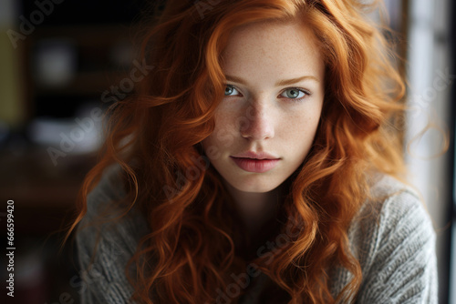 Feminine portrait, pretty natural freckled red-haired woman at window indoors looking at camera