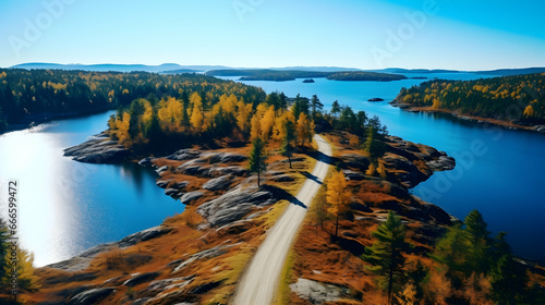 Aerial view of highway and overpass with autumn color woods on a fall day in rural Finland,generated with Ai