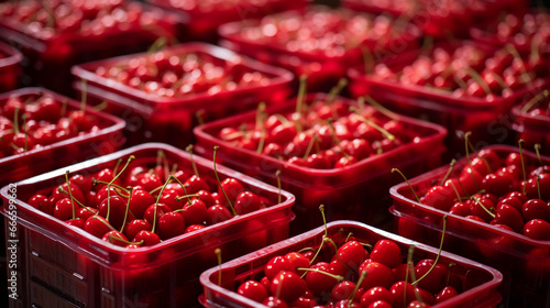 Crates of bright red cherries, captured up close, displaying their glossy and tempting appearance.  photo