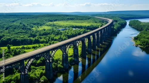 Aerial view of an old railway viaduct  Austro-Hungarian railway bridge in the village of Plebanivka in the Ternopil region of Ukraine Generated Ai