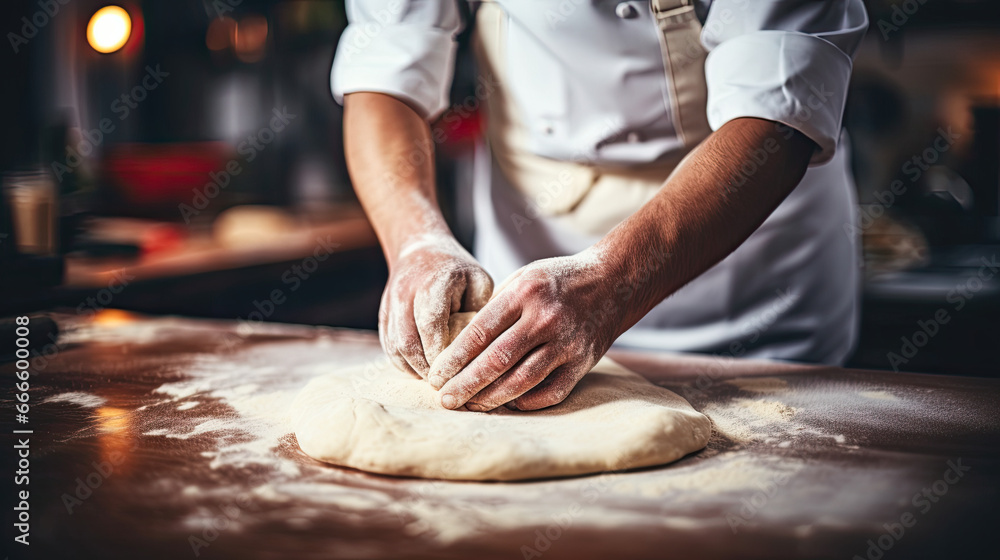 baker kneading pizza dough on table
