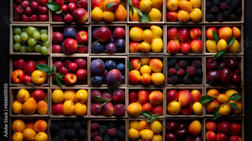 An assortment of stone fruits  including cherries  plums  and apricots  displayed on a pallet in colorful boxes. 