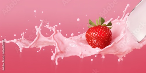 a strawberry with a splash of pink milk cream on a pink background