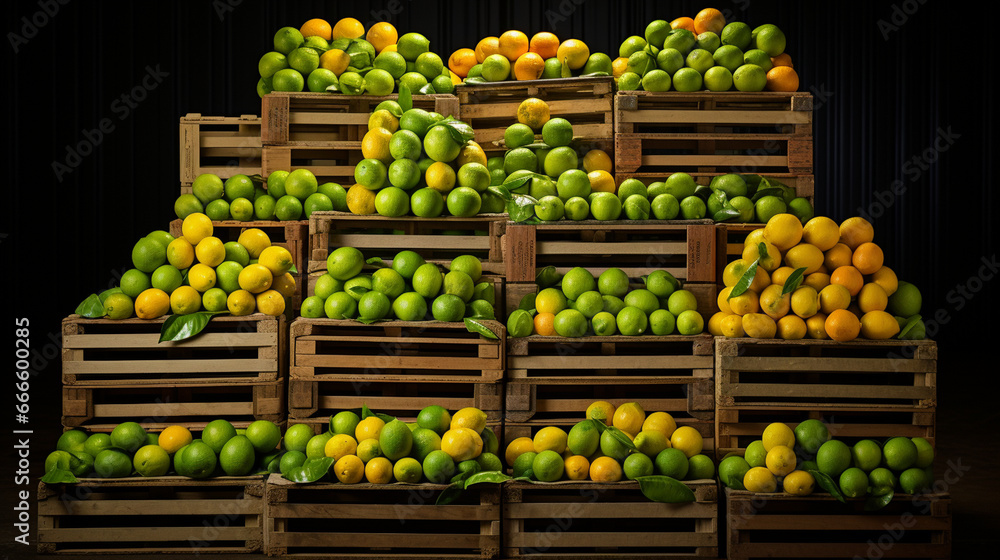 Pallets stacked high with boxes of zesty and aromatic limes, radiating the vibrant appeal of citrus fruits. 