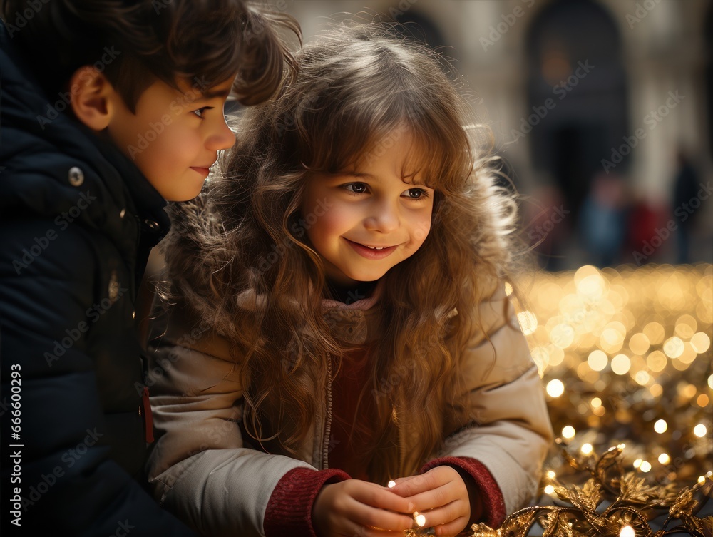 Sister and brother are standing near a Christmas tree on the street. Sister and brother are standing near a Christmas tree on the street.