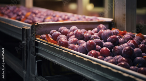 A conveyor transporting boxes of juicy and aromatic plums, capturing the rich and velvety appeal of this stone fruit. 