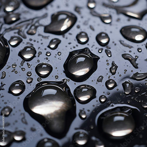 Fotografia de primer plano con detalle y textura de multiples gotas de lluvia sobre metal de tonos oscuros