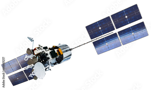 Modern telecommunication satellite isolated on transparency background, PNG format