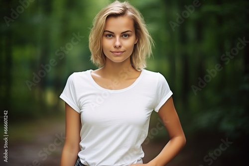 Portrait of beautiful blond woman wearing white t-shirt