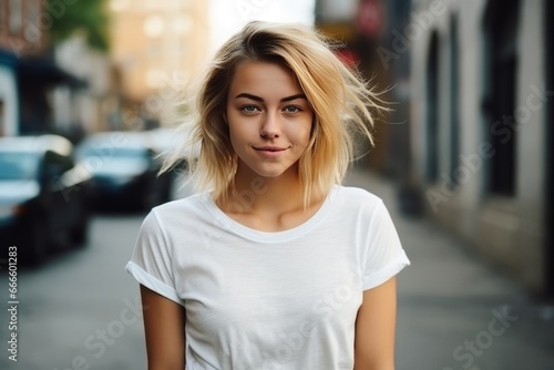 Portrait of beautiful blond woman wearing white t-shirt