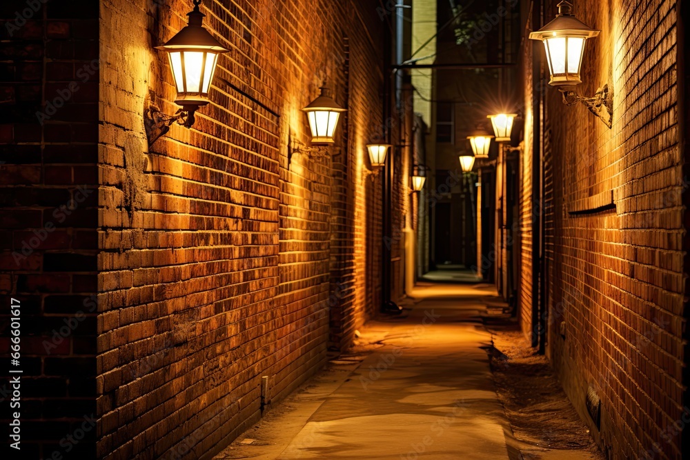 Vacant, slender alley flanked by weathered brick walls, gently illuminated by vintage lamppost, Street photography concept 