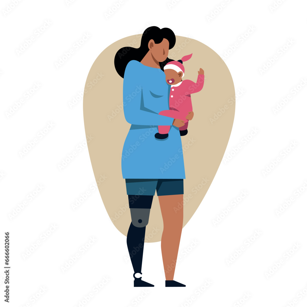 A vector image of a woman with an arm prosthetics holding a baby. Disabled theme image A vector image of a woman with an arm prosthetics holding a baby. Disabled theme image