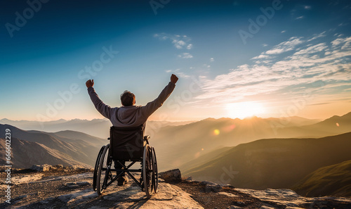 Handicapped male sitting in wheelchair on mountain peak. International Day of Persons with Disabilities (IDPD) concept Silhouette a disabled man in wheelchair raising his hands over  photo