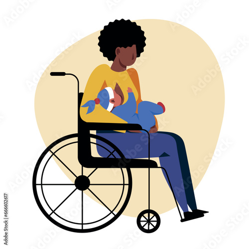 A vector image of a black woman in a wheelchair holding a baby. Disabled theme image