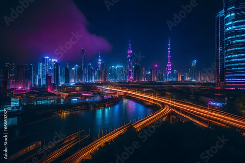 Witness the urban enchantment of a neon-lit futuristic city nightscape Feel the pulse of the city as it comes alive with mesmerizing neon lights, breathtaking beauty of the night.