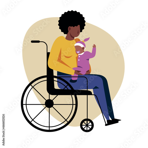 A vector image of a black woman in a wheelchair holding a baby. Disabled theme image