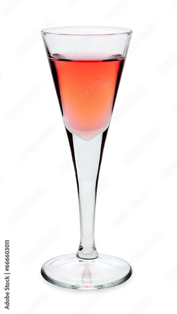 Rosolio liqueur distilled from roses in shot glass isolated Rosolio liqueur distilled from roses in shot glass isolated