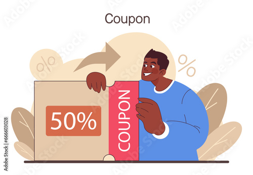 Loyalty program. Customer using coupons to save money. Man using discount