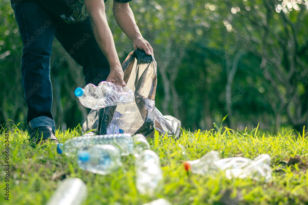 Naklejka premium Volunteers collect waste plastic bottles for recycling, reuse concept.