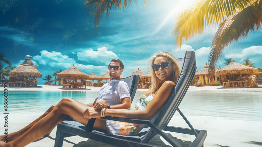 Beautiful couple smiling man and woman sitting in sun lounger, looking into camera against sea beach backdrop on vacation in travel resort.