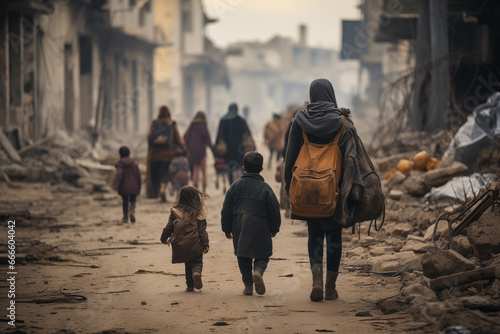 a group of refugees, women and children with backpacks leave the destroyed city