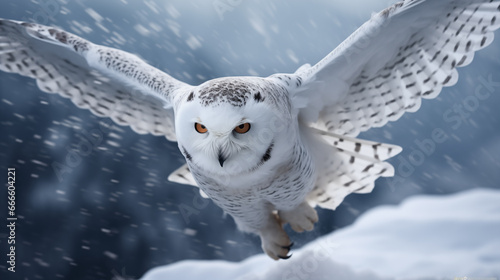 Close-up of a flying snowy owl at winter photo