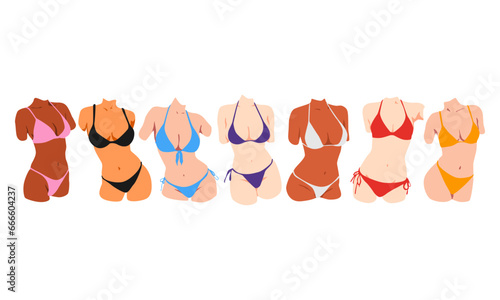 set of woman body in bikini. slim bodies of women wearing swimsuits. different poses, skin color, clothing color. flat vector illustration.