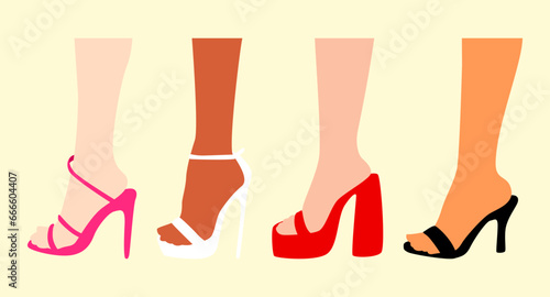 set of women's feet wearing shoes, heels. different skin color and footwear color. side view. flat vector illustration.