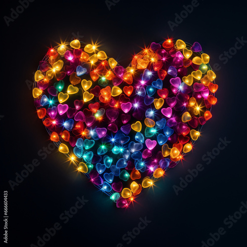 Fondo con detalle y textura de multitud de luces e navidad agrupadas formando un corazon de multiples colores