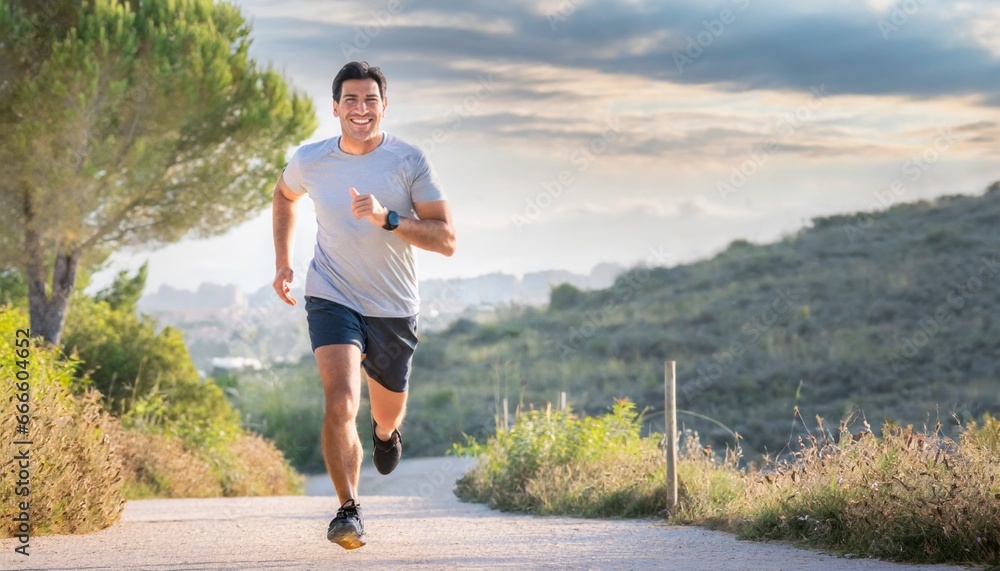 Hombre atlético de unos 35 años corriendo por un sendero en medio del ...