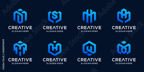 Set of abstract initial in hexagon shape logo bundle