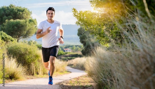 Hombre atlético de unos 35 años corriendo por un sendero en medio del bosque, con ropa deportiva. Corriendo de frente, libremente a través de un camino, con una paisaje hermoso natural de fondo. 