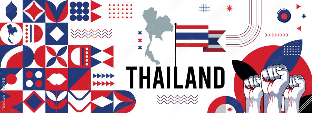 Thailand national day banner with abstract modern design. Flag and map of thailand with typography red blue color theme background - obrazy, fototapety, plakaty 