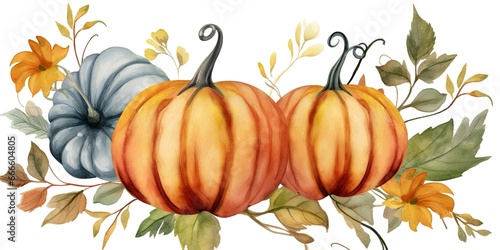 Watercolor pumpkin clip art oraange pumpkin with flowers for Thanksgiving day or Halloween. photo